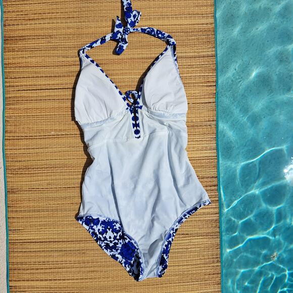 Nanette Lepore St. Etienne Goddess One Piece Swimsuit Small Blue Floral Halter - Picture 6 of 7